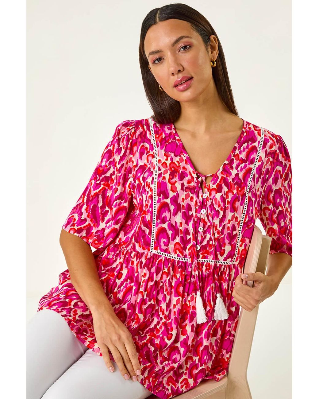 Roman Red Abstract Print Tassel Top
