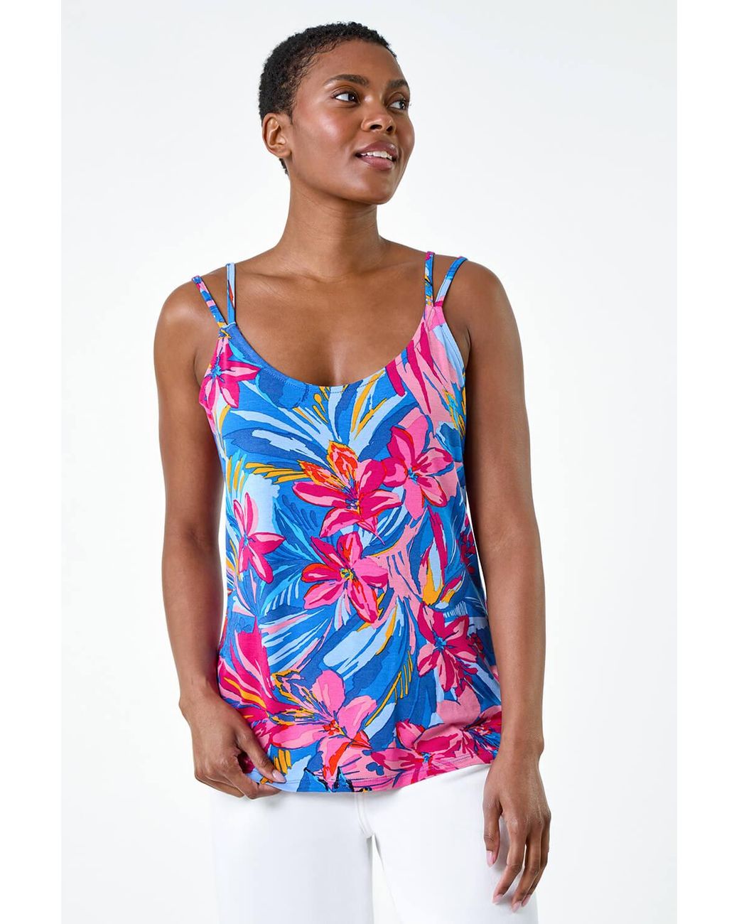 Roman Red Tropical Floral V-Neck Strap Detail Cami Top