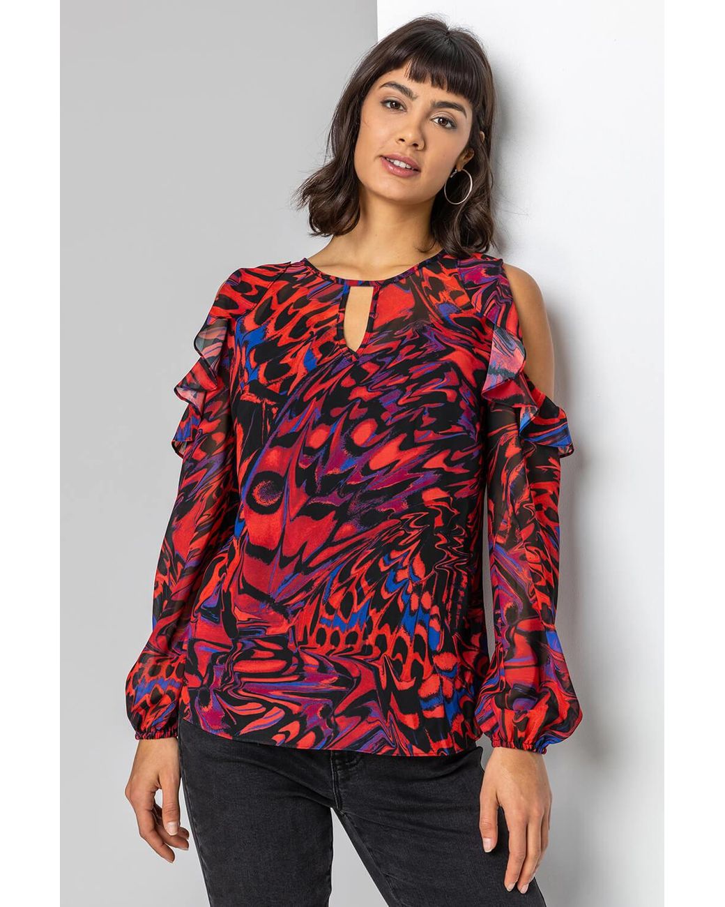 Roman Red Abstract Butterfly Print Blouse