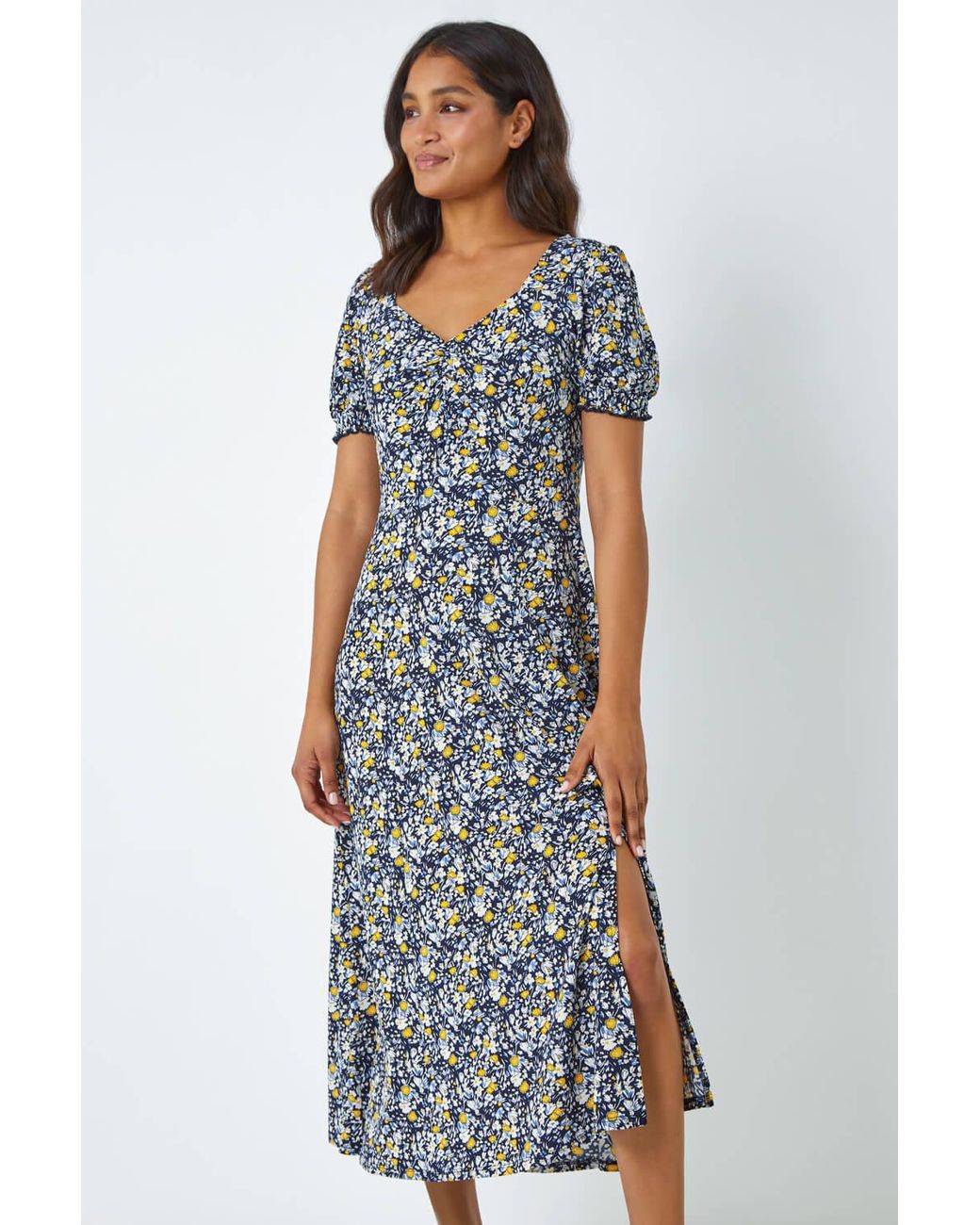 Roman Blue Ditsy Floral Ruched Maxi Dress