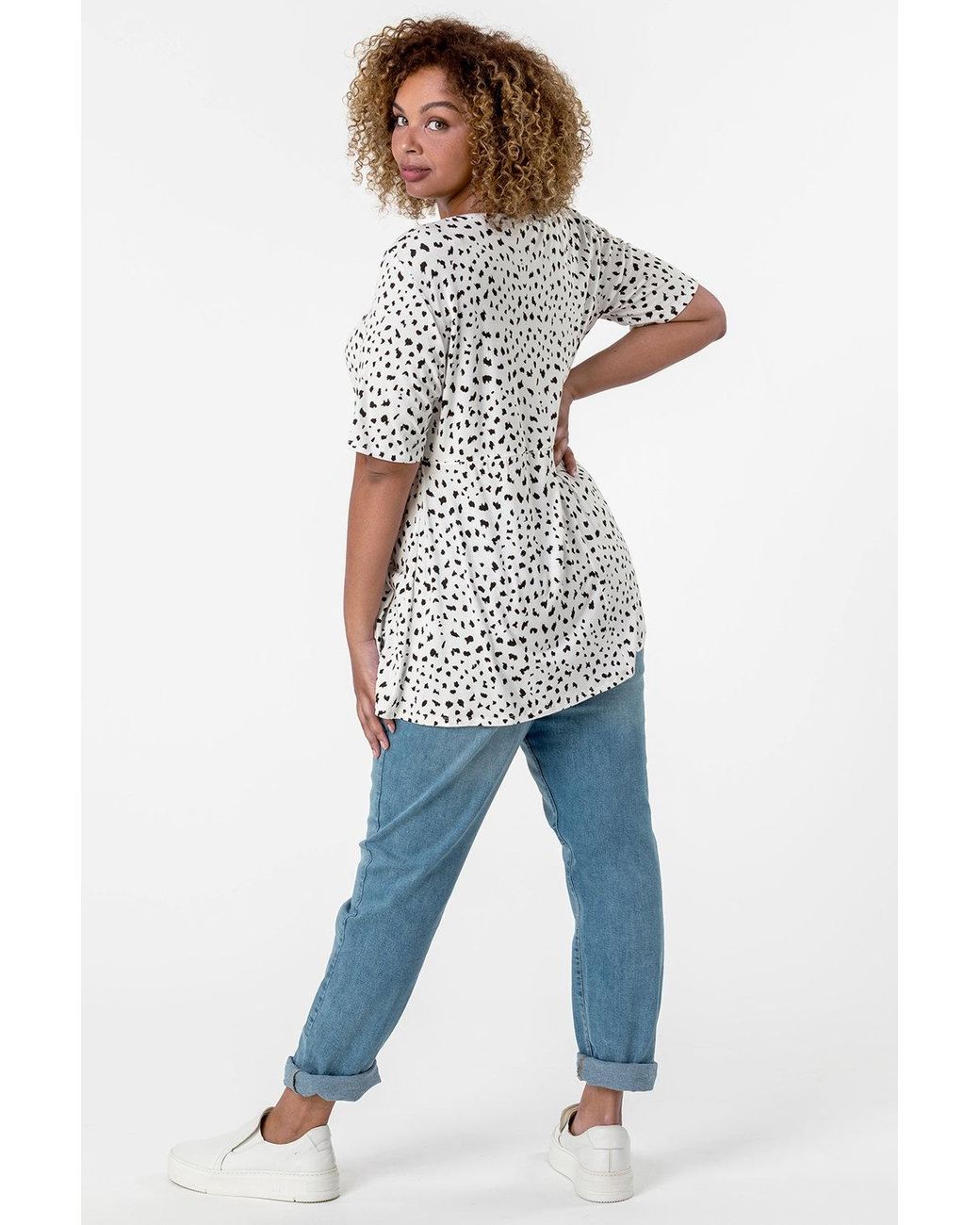 Roman Curve White Spot Print Gathered Top