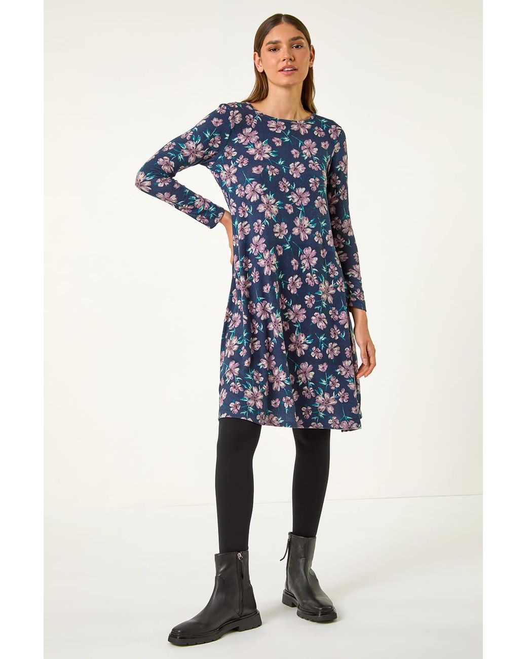 Roman Blue Floral Print Swing Stretch Midi Dress