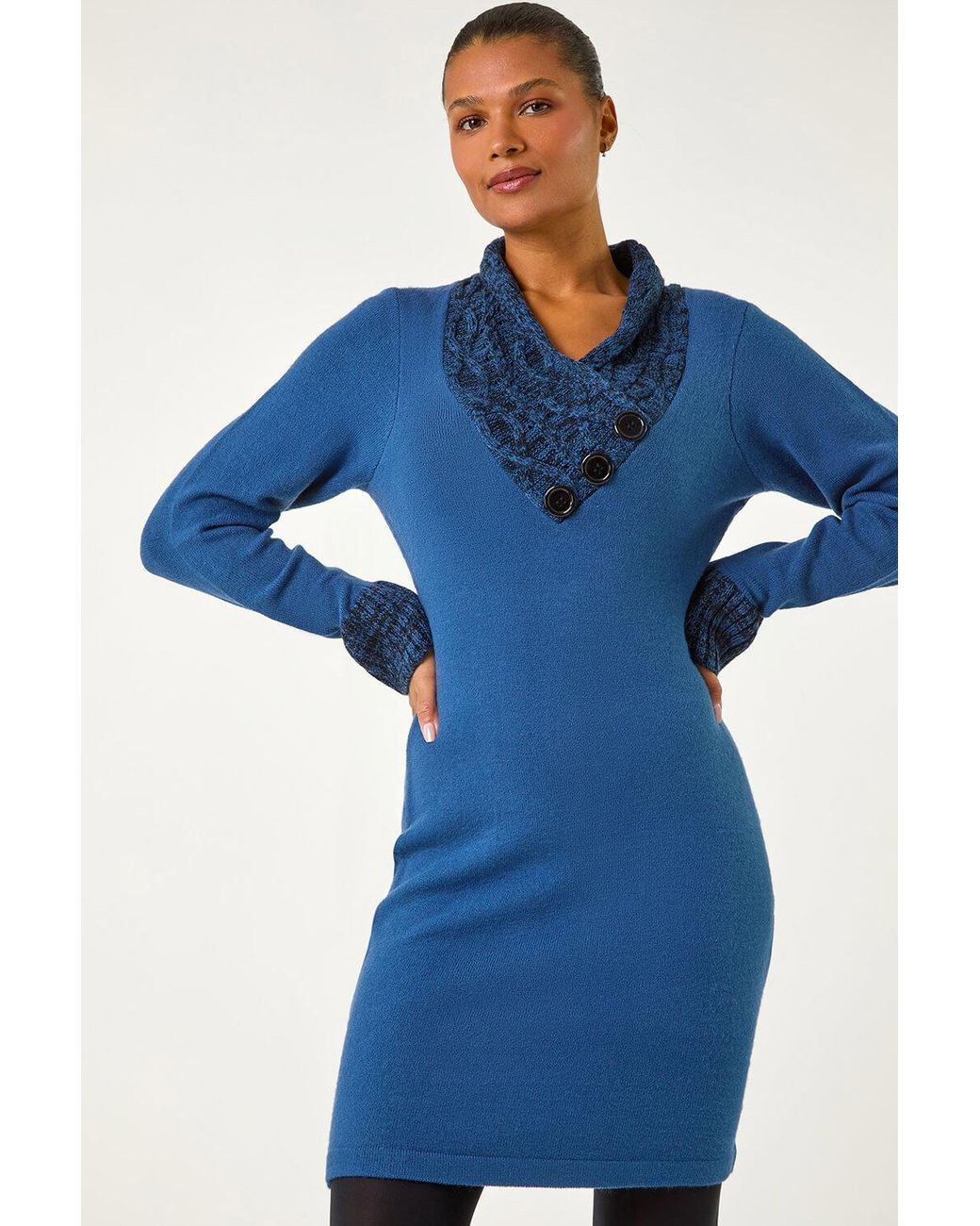 Roman Blue Overlap V-Neck Knit Dress