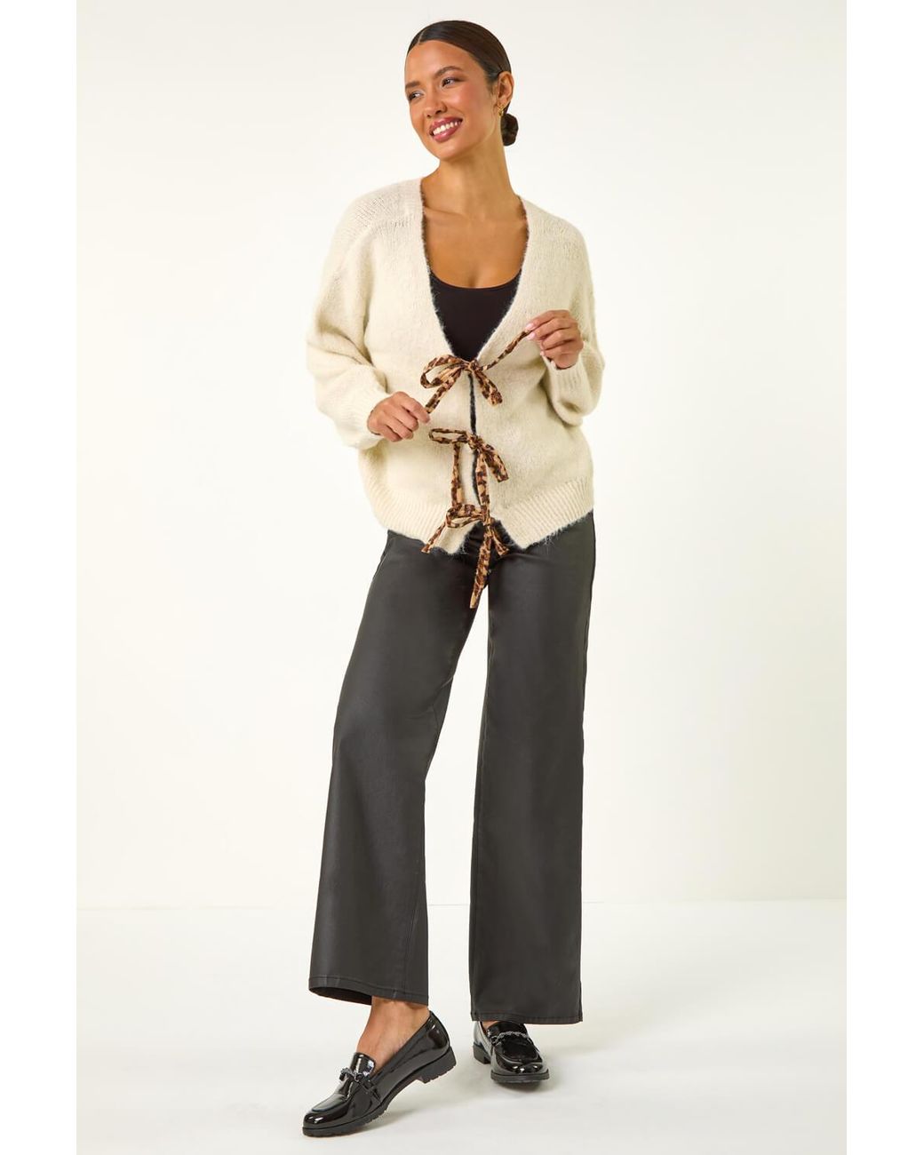 Roman Natural Leopard Tie Front V-Neck Cardigan