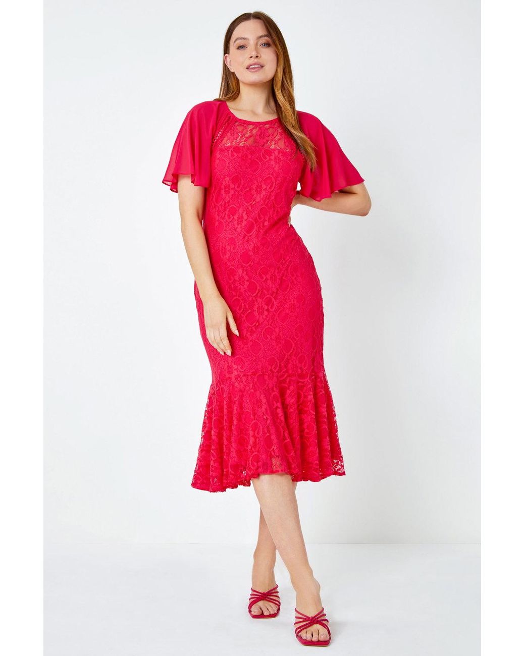 Roman Red Chiffon Angel Sleeve Stretch Lace Midi Dress