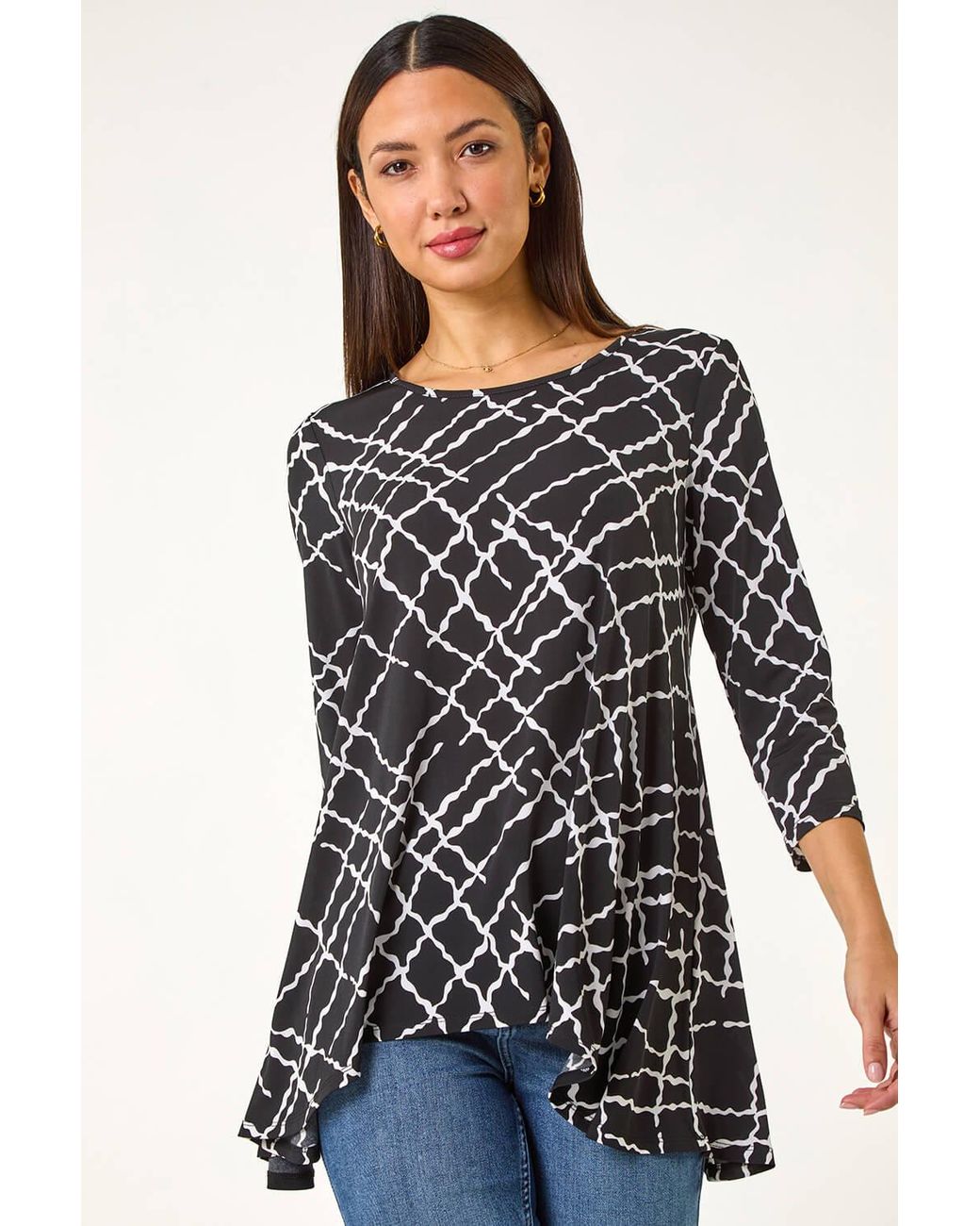 Roman Blue Abstract Check Print Asymmetric Tunic