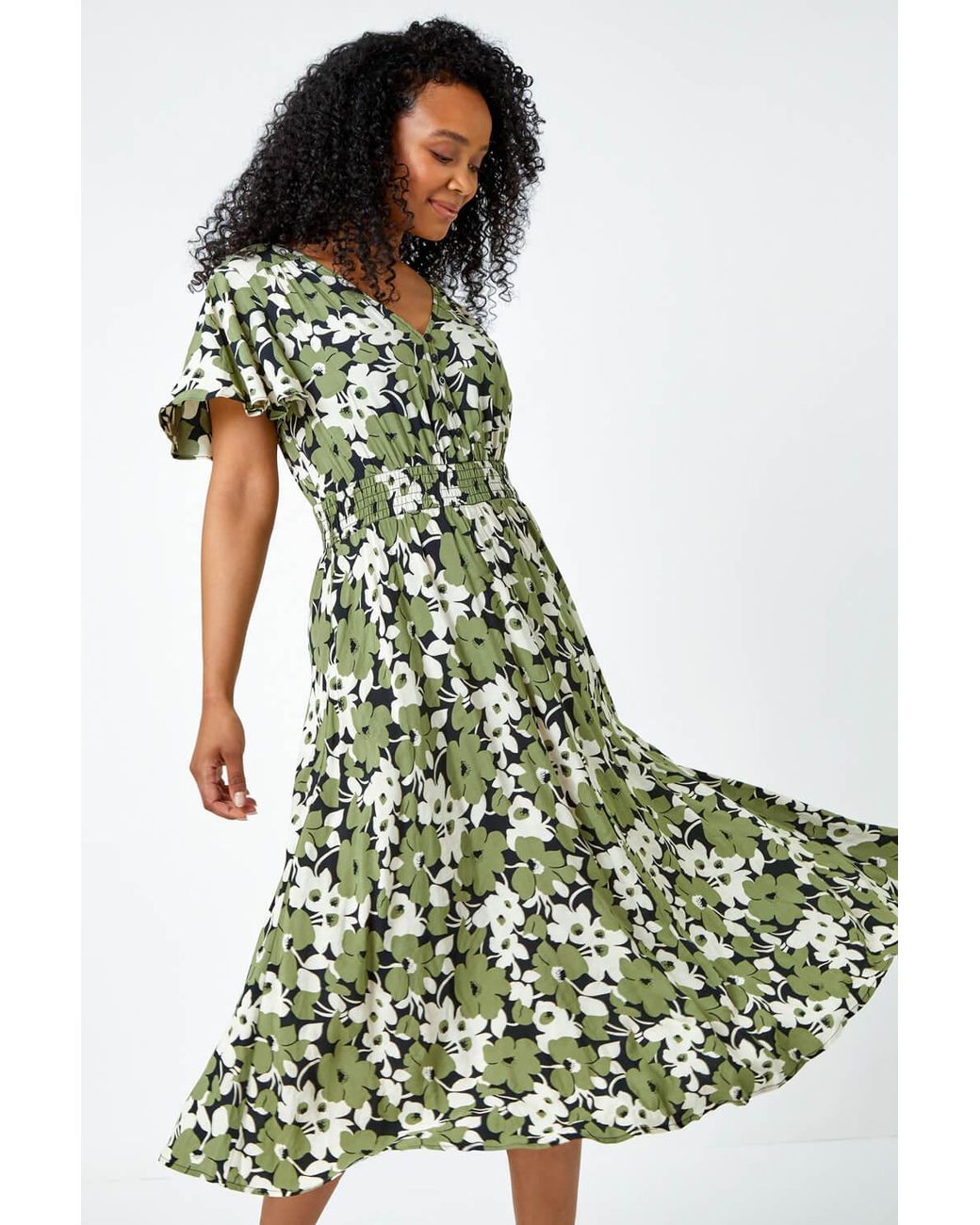 Roman Petite Green Floral Print Shirred Midi Dress
