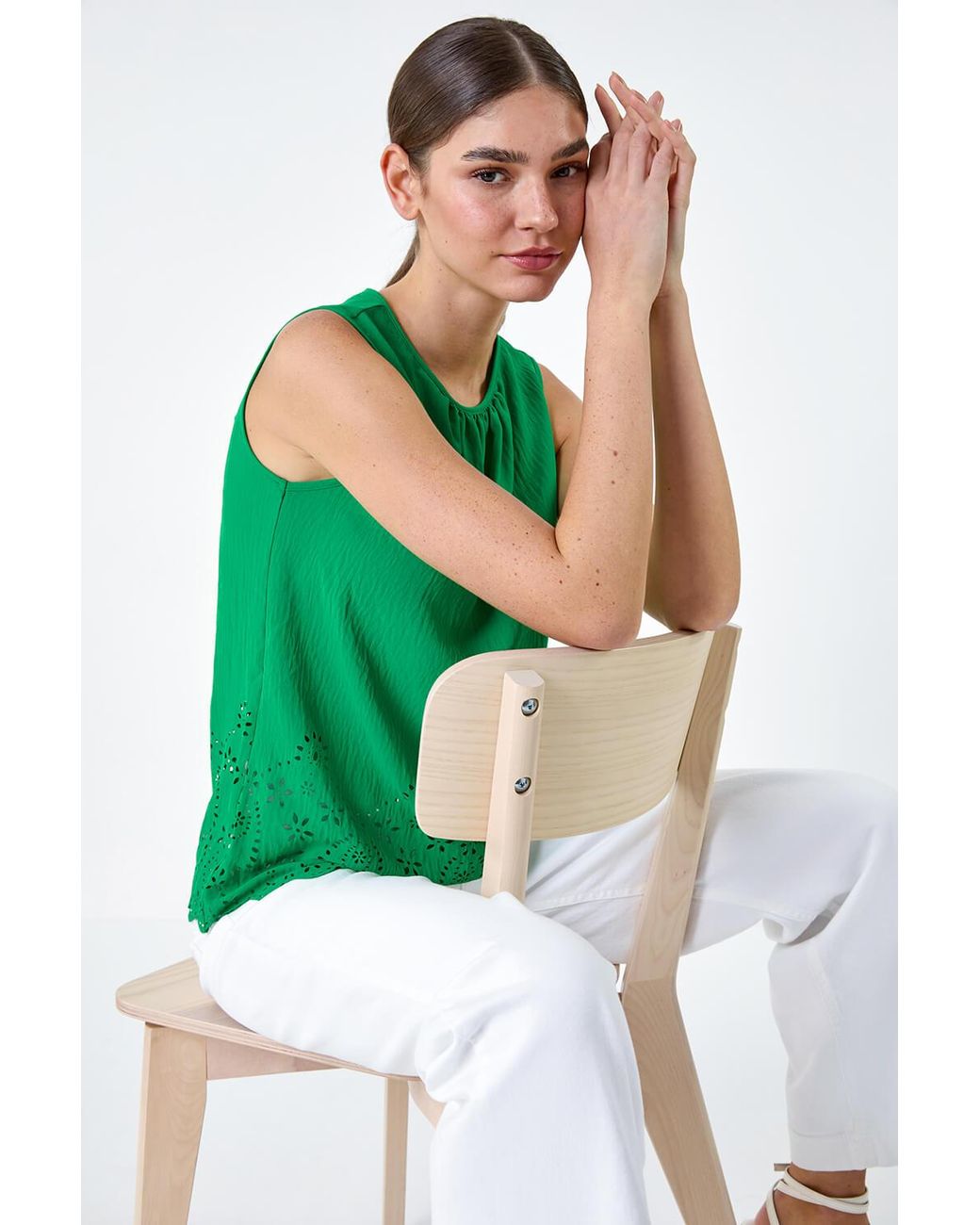 Roman Green Floral Hem Detail Sleeveless Top