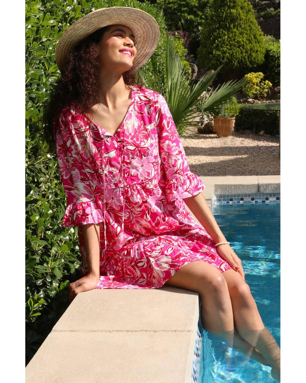 Roman Pink Floral Print Frill Detail Smock Skater Dress
