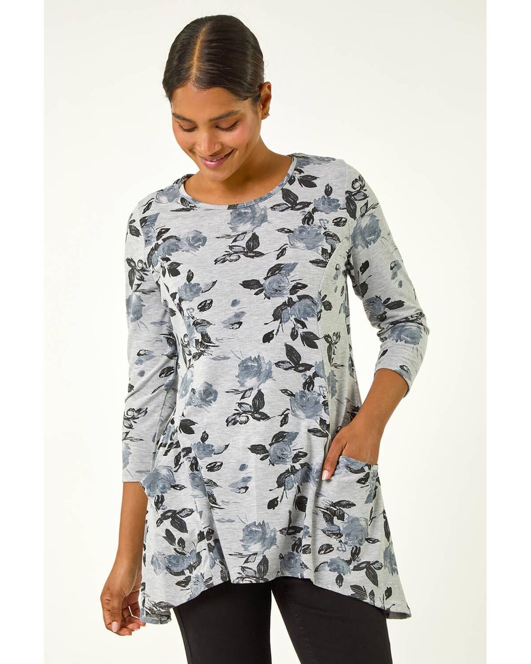 Roman Gray Floral Print Pocket Detail Tunic Stretch Top