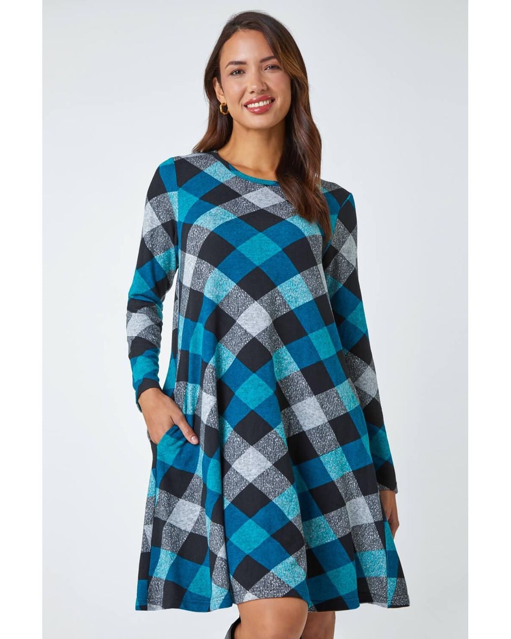 Roman Blue Check Print Swing Stretch Dress