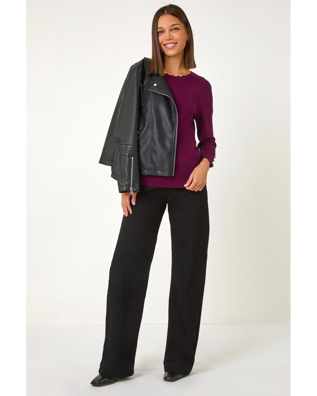Roman Purple Diamante Button Scallop Edge Jumper