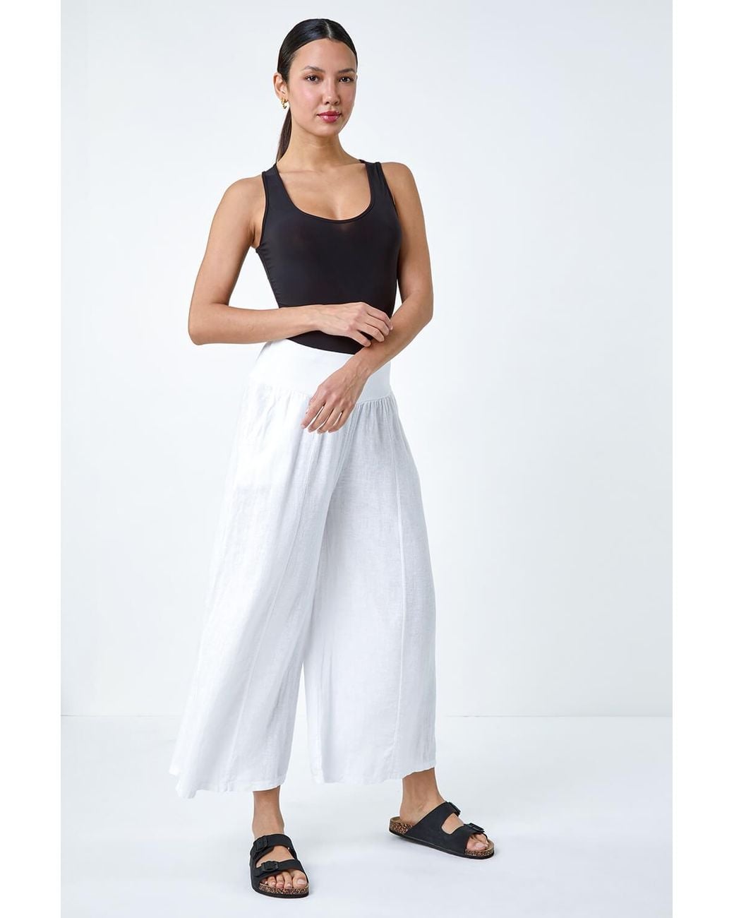 Roman White Linen Blend Stretch Waist Culottes
