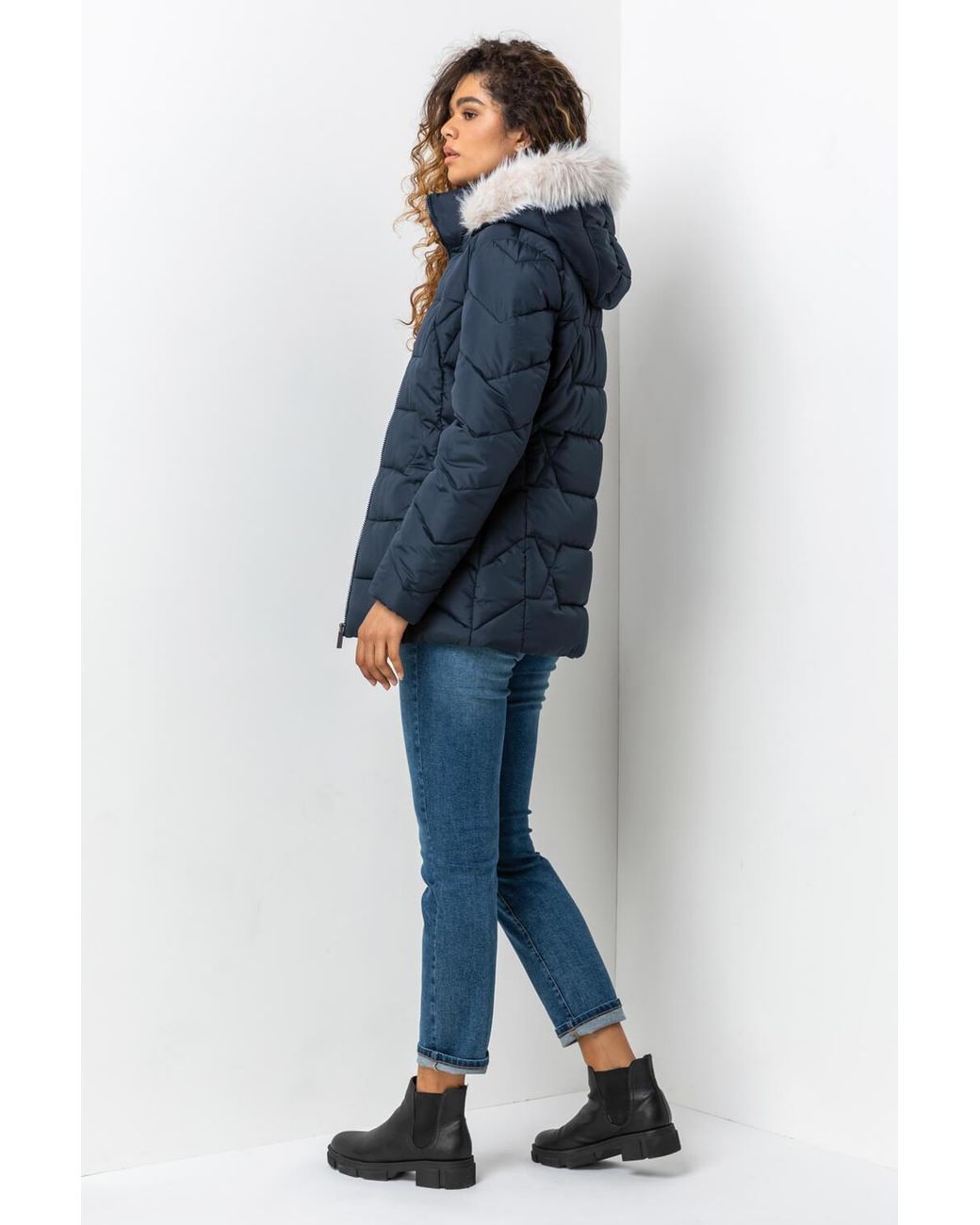 Roman Blue Faux Fur Trim Hooded Coat