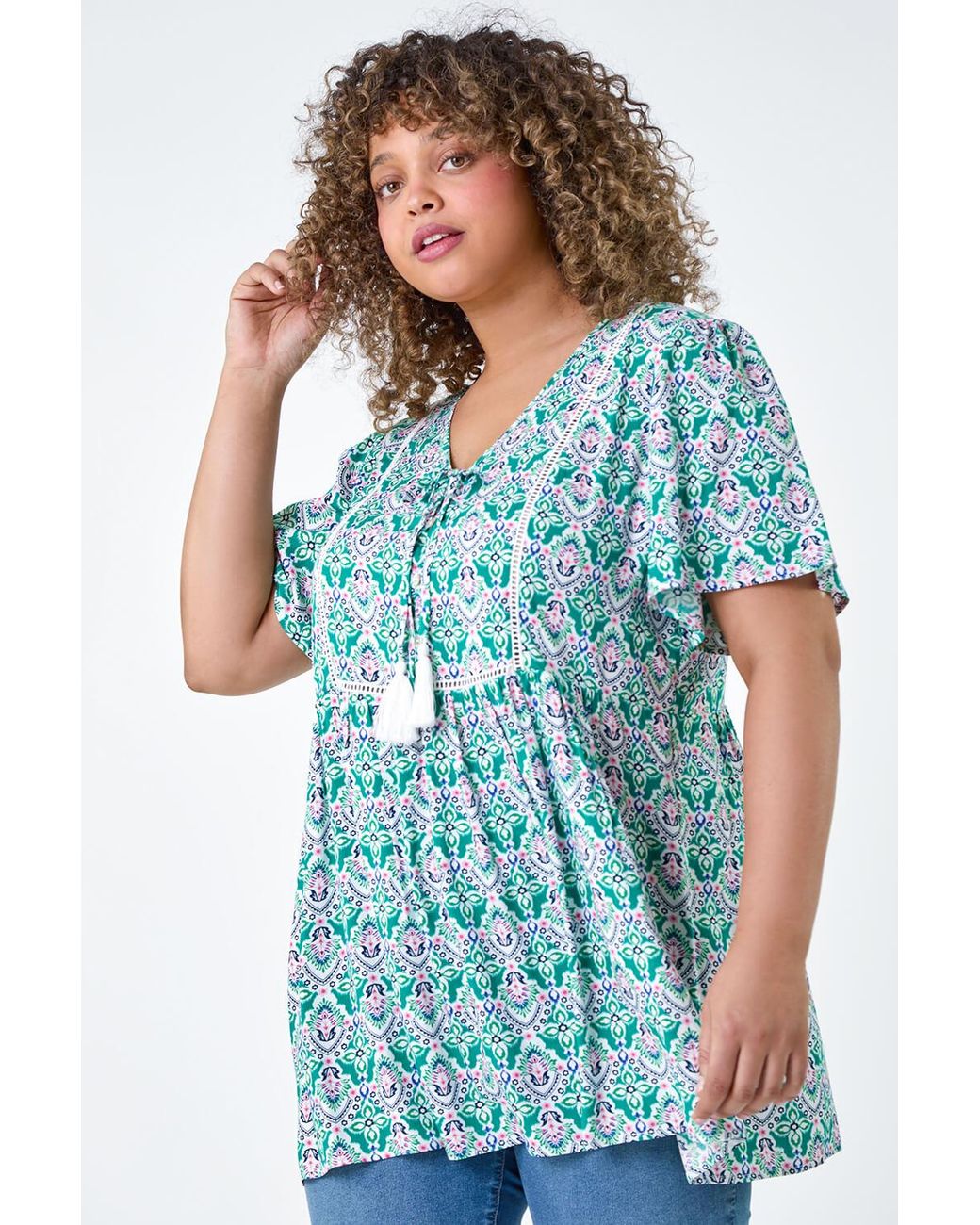Roman Curve Blue Tie Front V-Neck Boho Printed Top