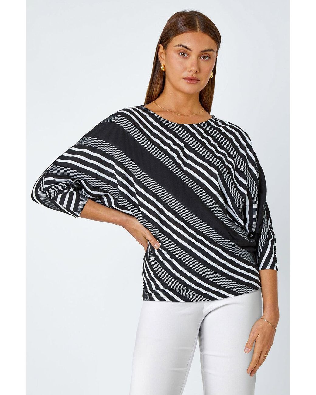 Roman Black Relaxed Stripe Print Stretch Top