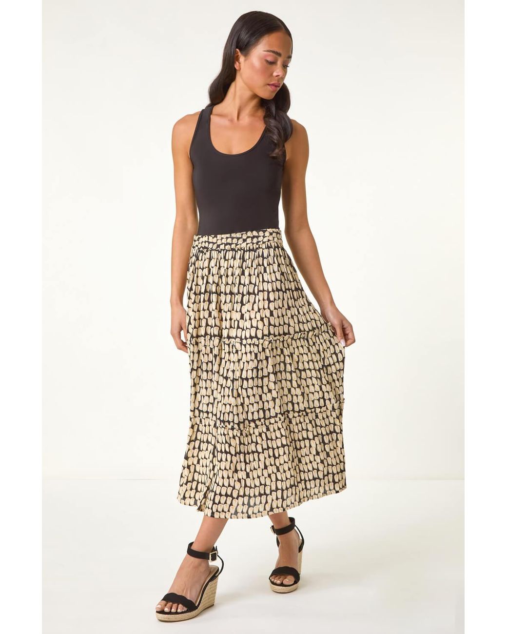 Roman Petite Black Printed Tiered Skirt