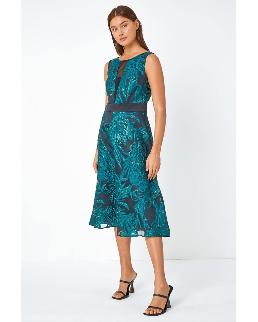 Roman Blue Metallic Floral Print Jacquard Dress