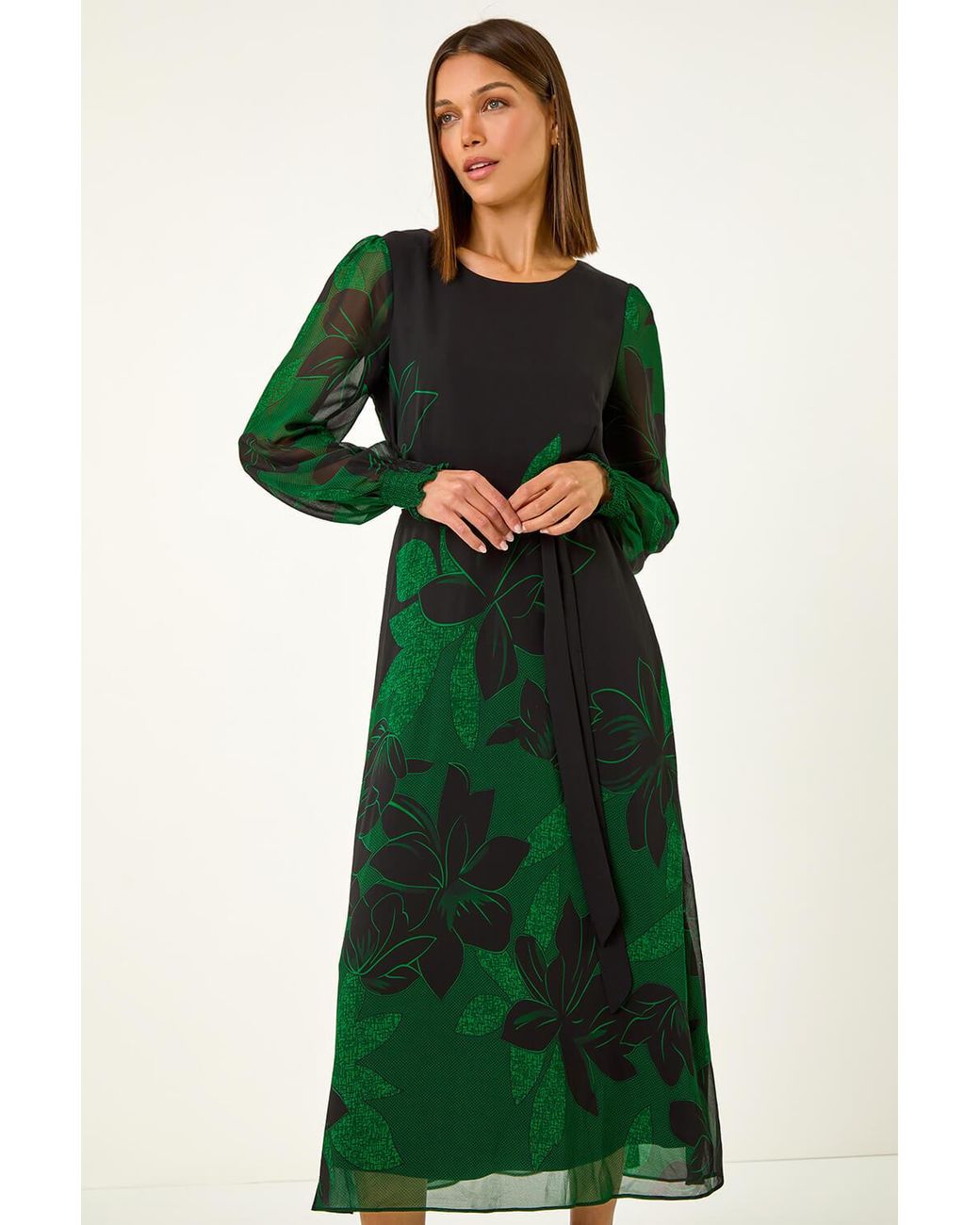 Roman Green Floral Print Shirred Midi Dress