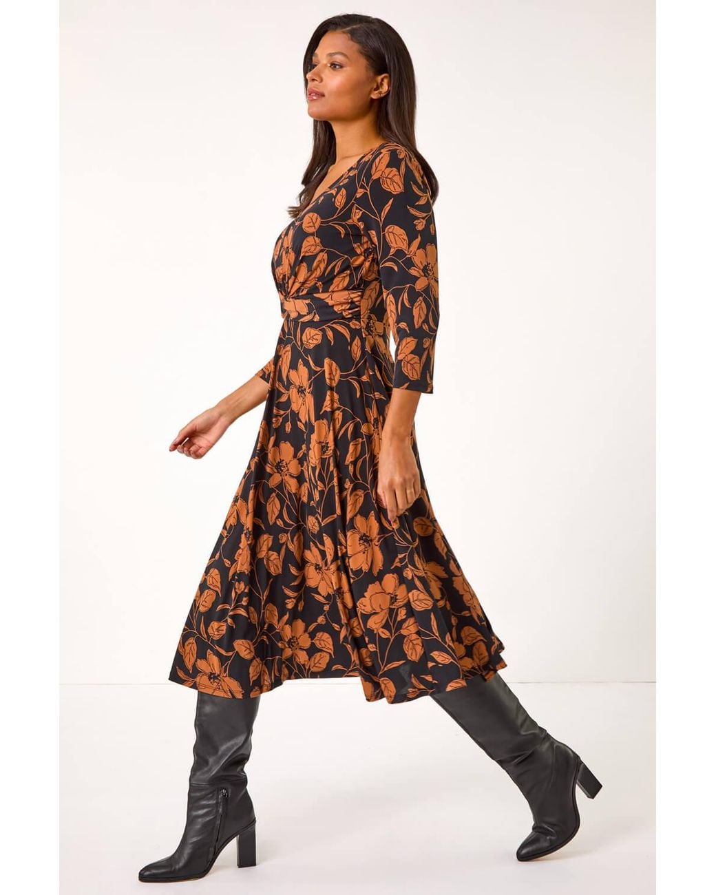 Roman Brown Leaf Print Wrap Midi Dress