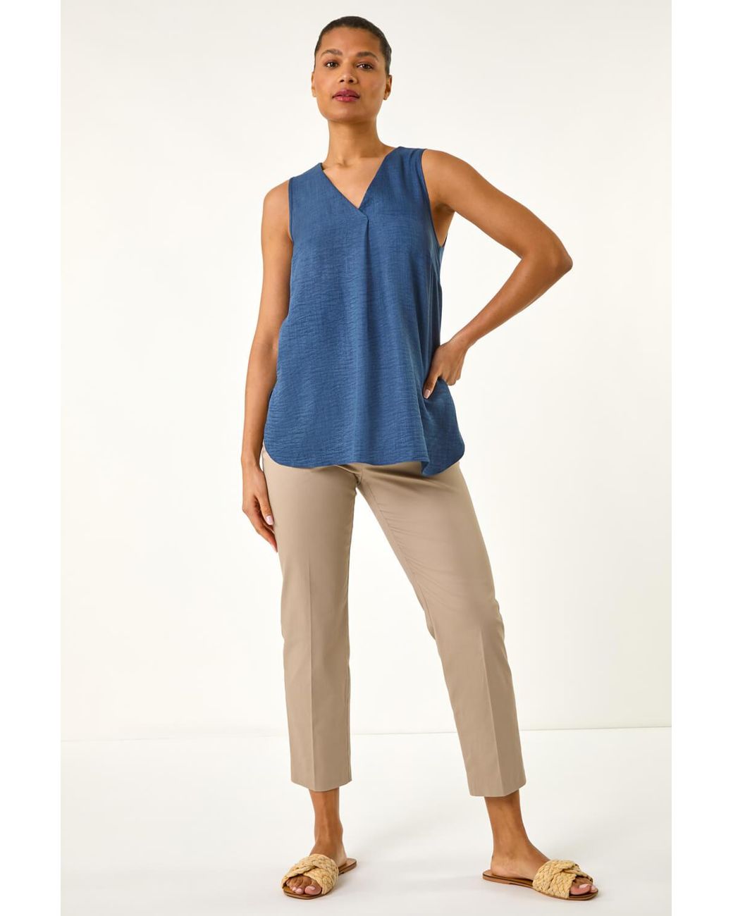 Roman Blue Textured Pleat Front Vest Top
