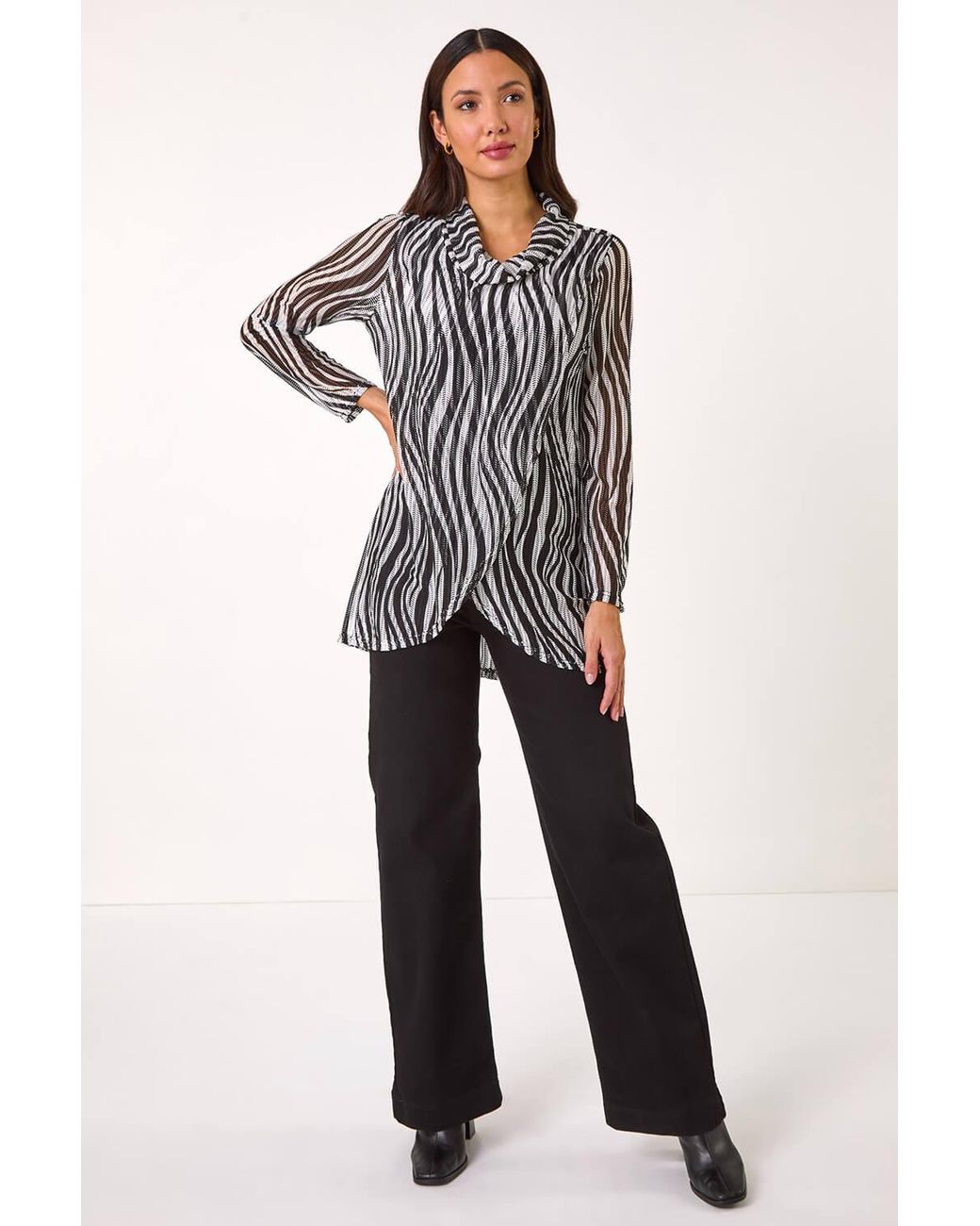 Roman Black Wavy Linear Print Cowl Neck Tunic