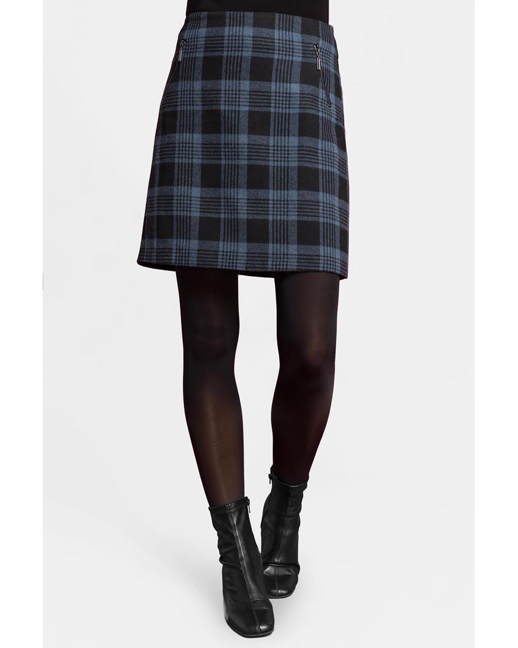 Roman Blue Check Print Zip Pocket A Line Skirt