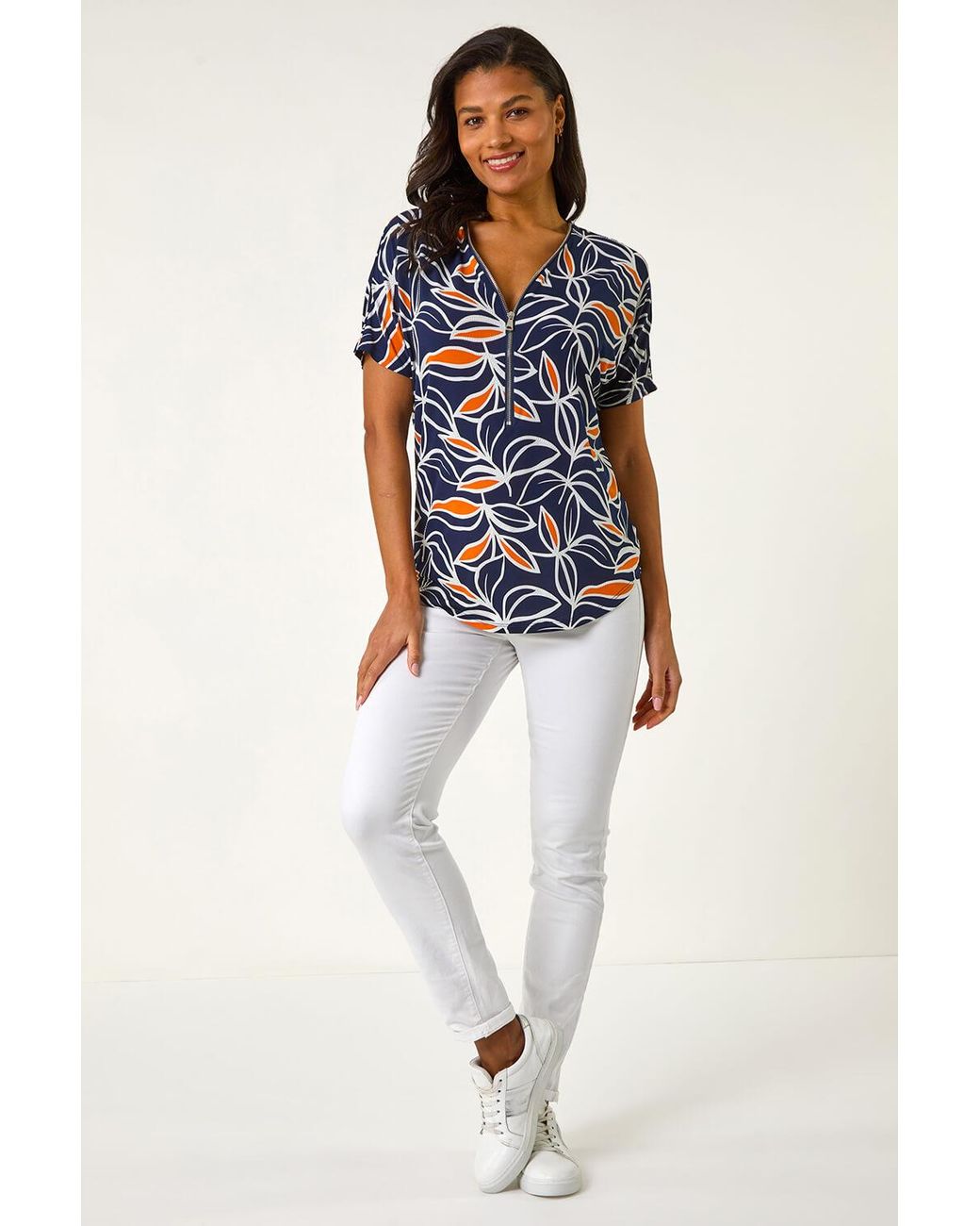 Roman Blue Textured Print Zip Detail Top