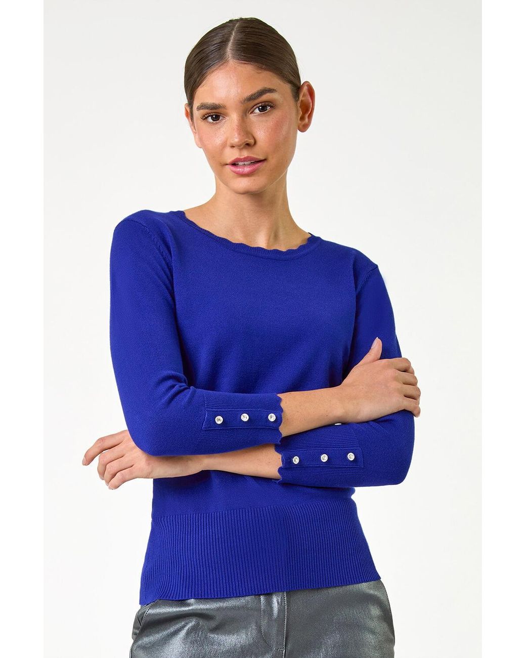 Roman Blue Diamante Button Scallop Edge Jumper