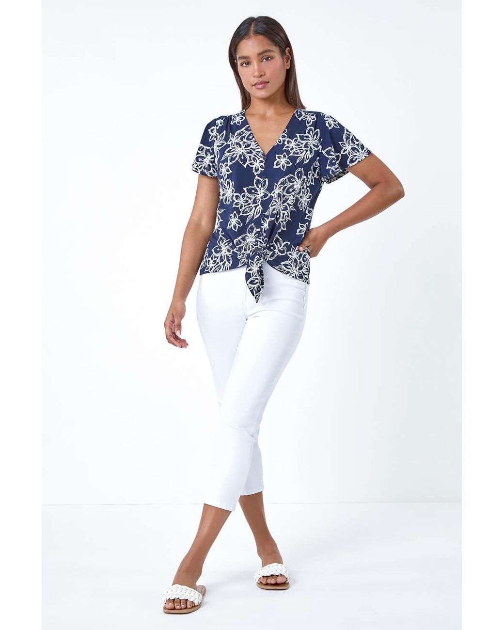 Roman Blue Textured Floral Print Tie Front Top