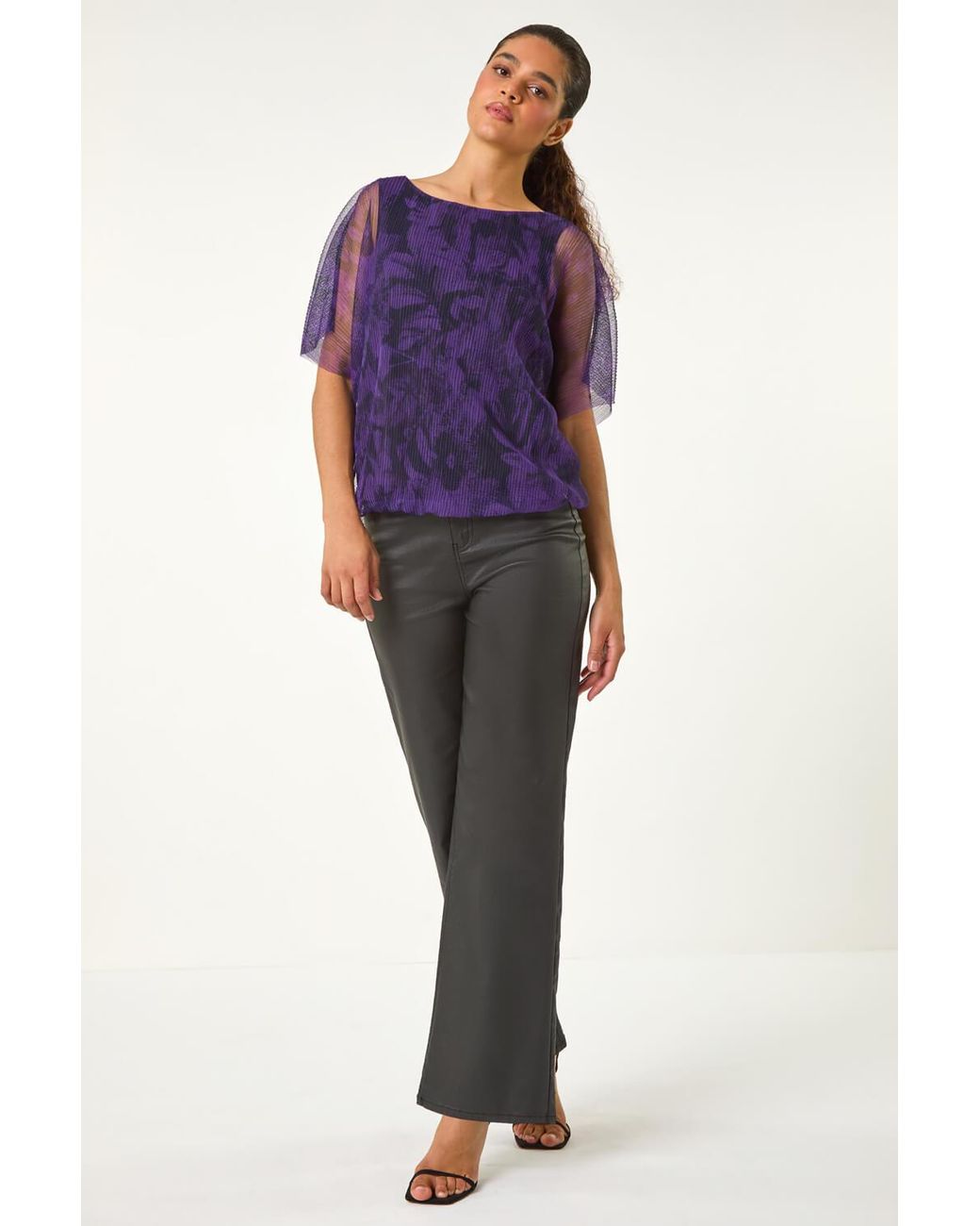 Roman Purple Floral Plisse Bubble Hem Top