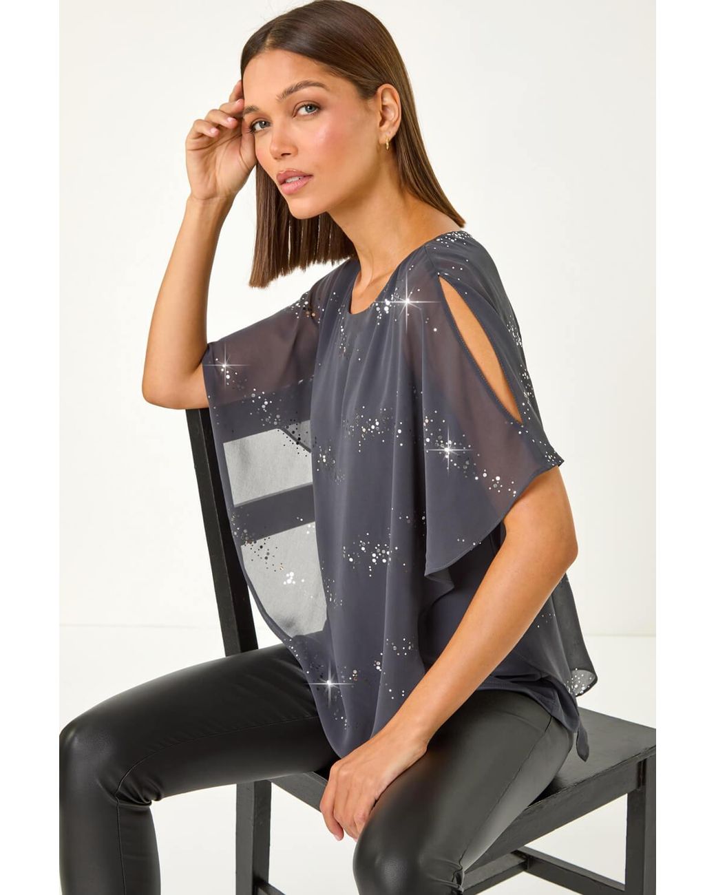 Roman Blue Sequin Asymmetric Overlay Top