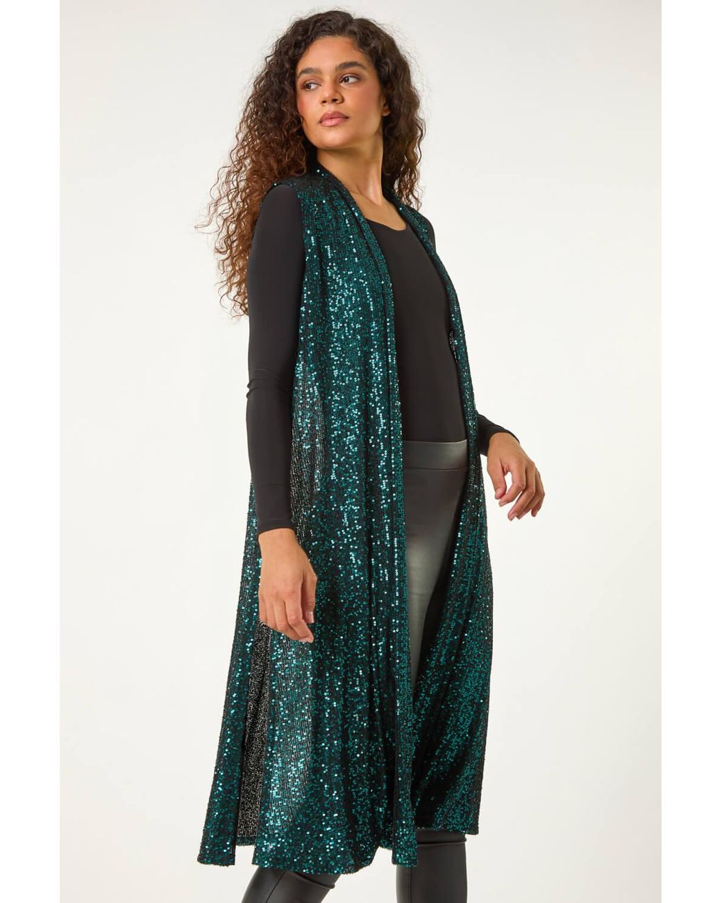 Roman Green Sequin Longline Stretch Cardigan