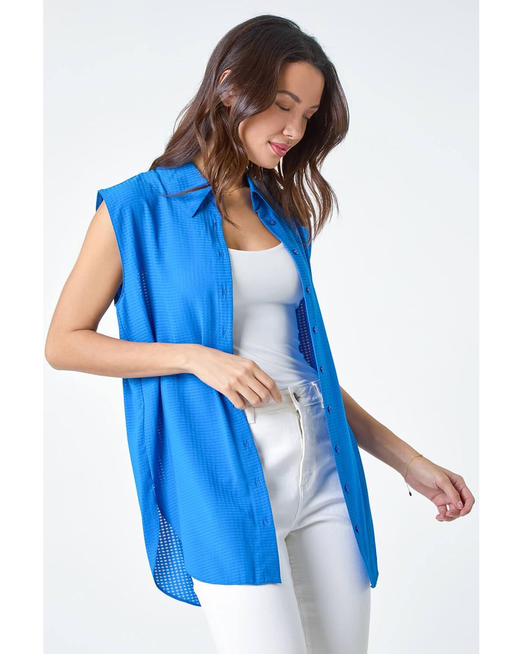 Roman Blue Textured Sleeveless Blouse