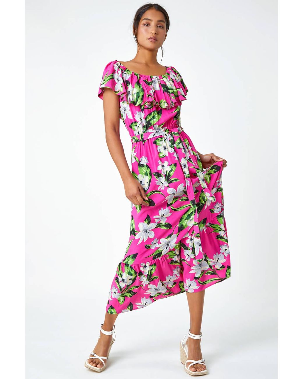 Roman Red Tropical Bardot Stretch Midi Dress