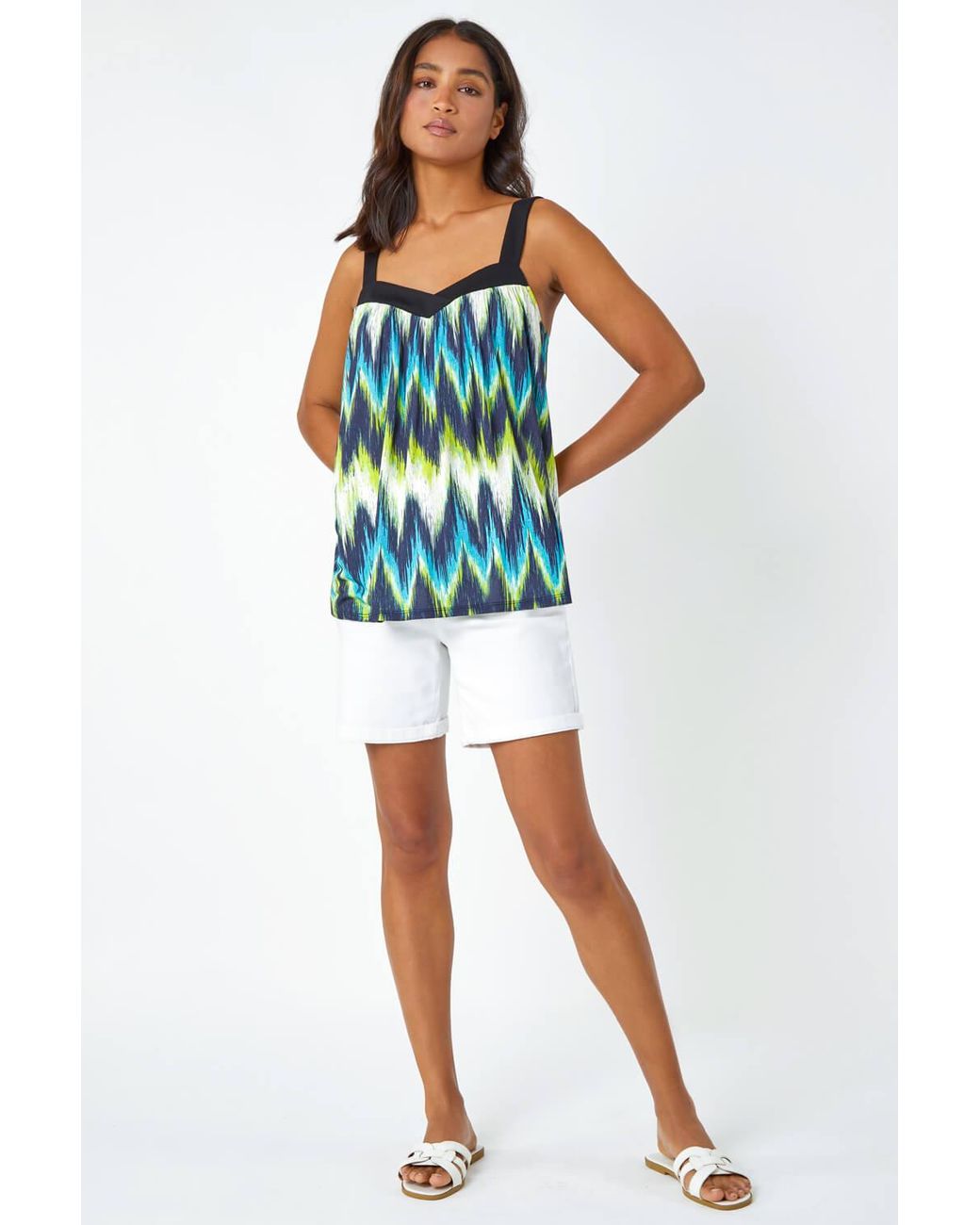 Roman Blue Contrast Zig Zag V-Neck Stretch Cami Top