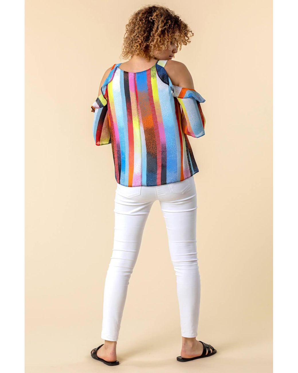 Roman Blue Stripe Print Cold Shoulder Frill Top