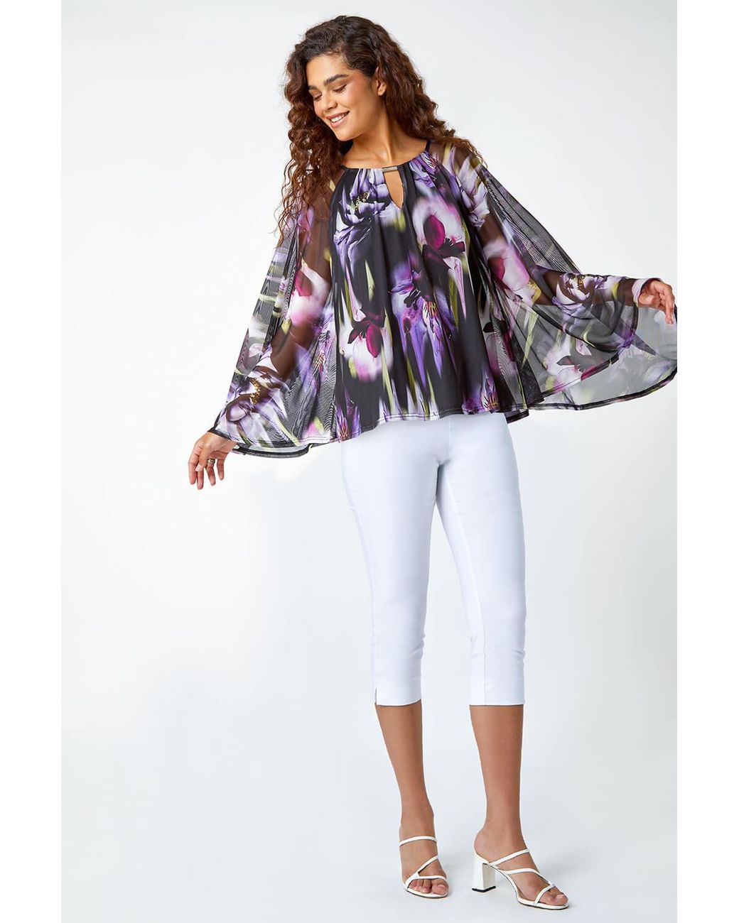 Roman Purple Floral Print Mesh Stretch Top