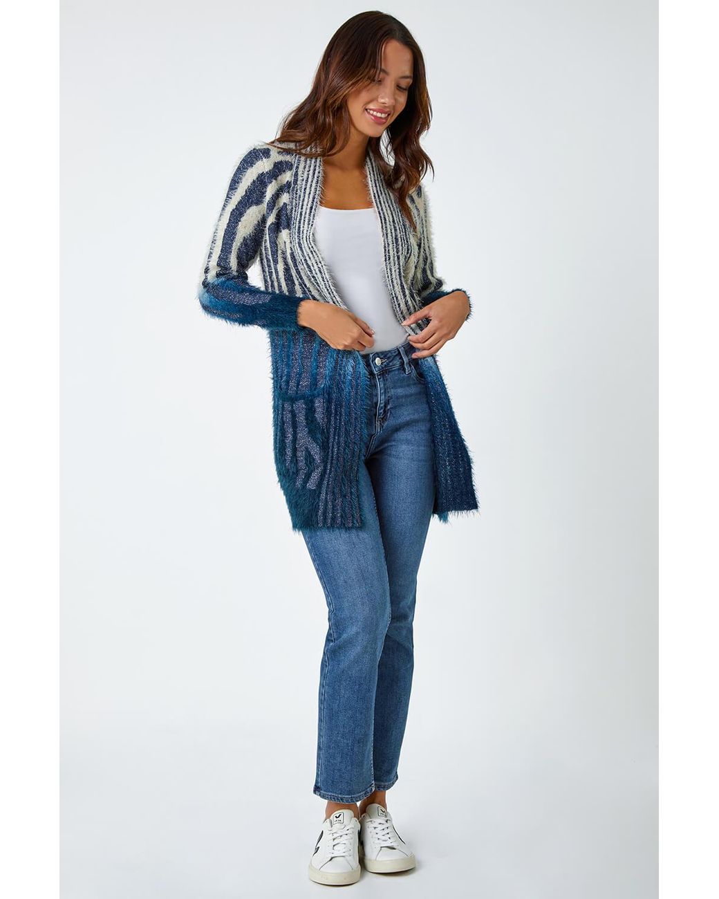Roman Blue Metallic Zebra Print Fluffy Cardigan