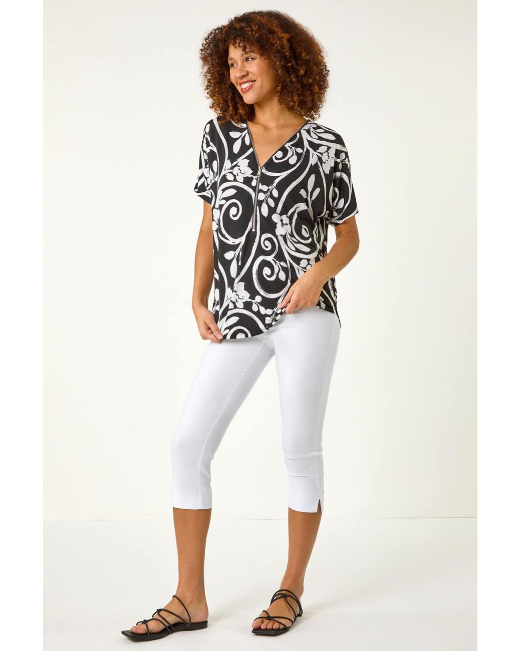 Roman Black Textured Print Zip Detail Top