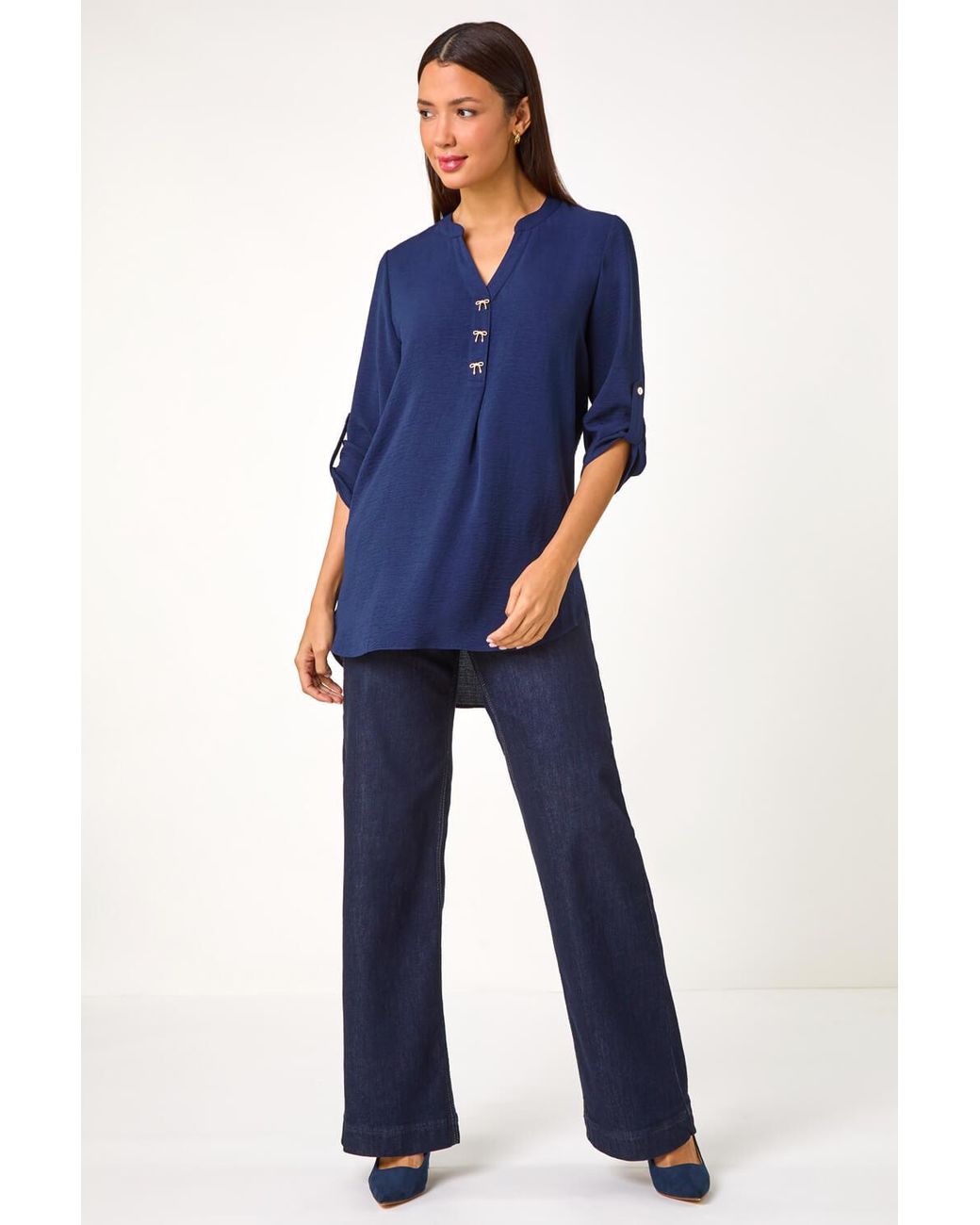 Roman Blue Longline Bow Button Woven Top