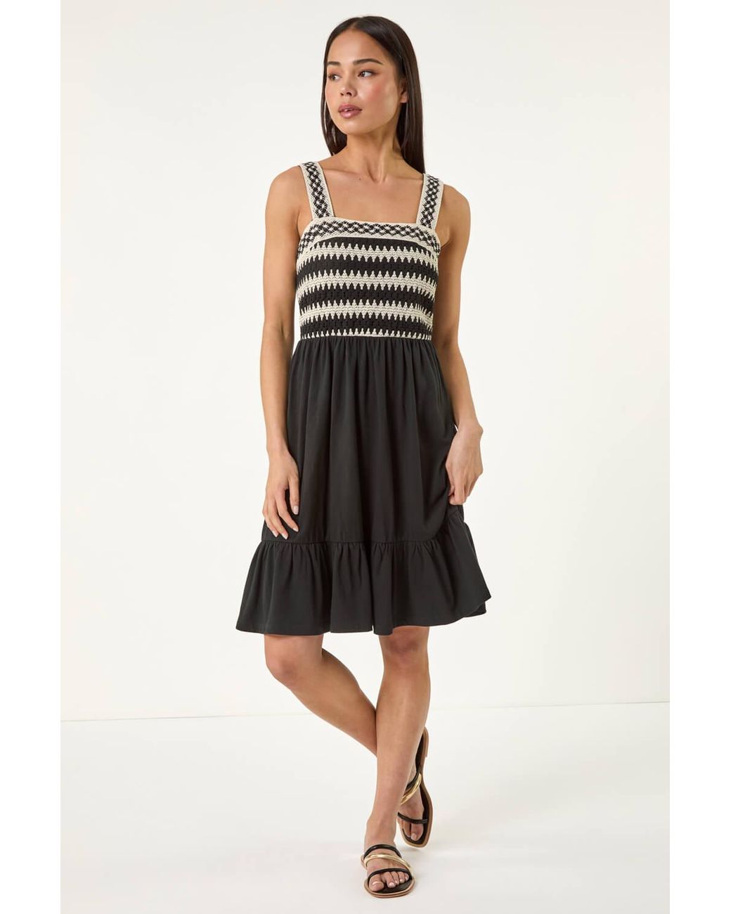 Roman Petite Black Crochet Bodice Strap Dress