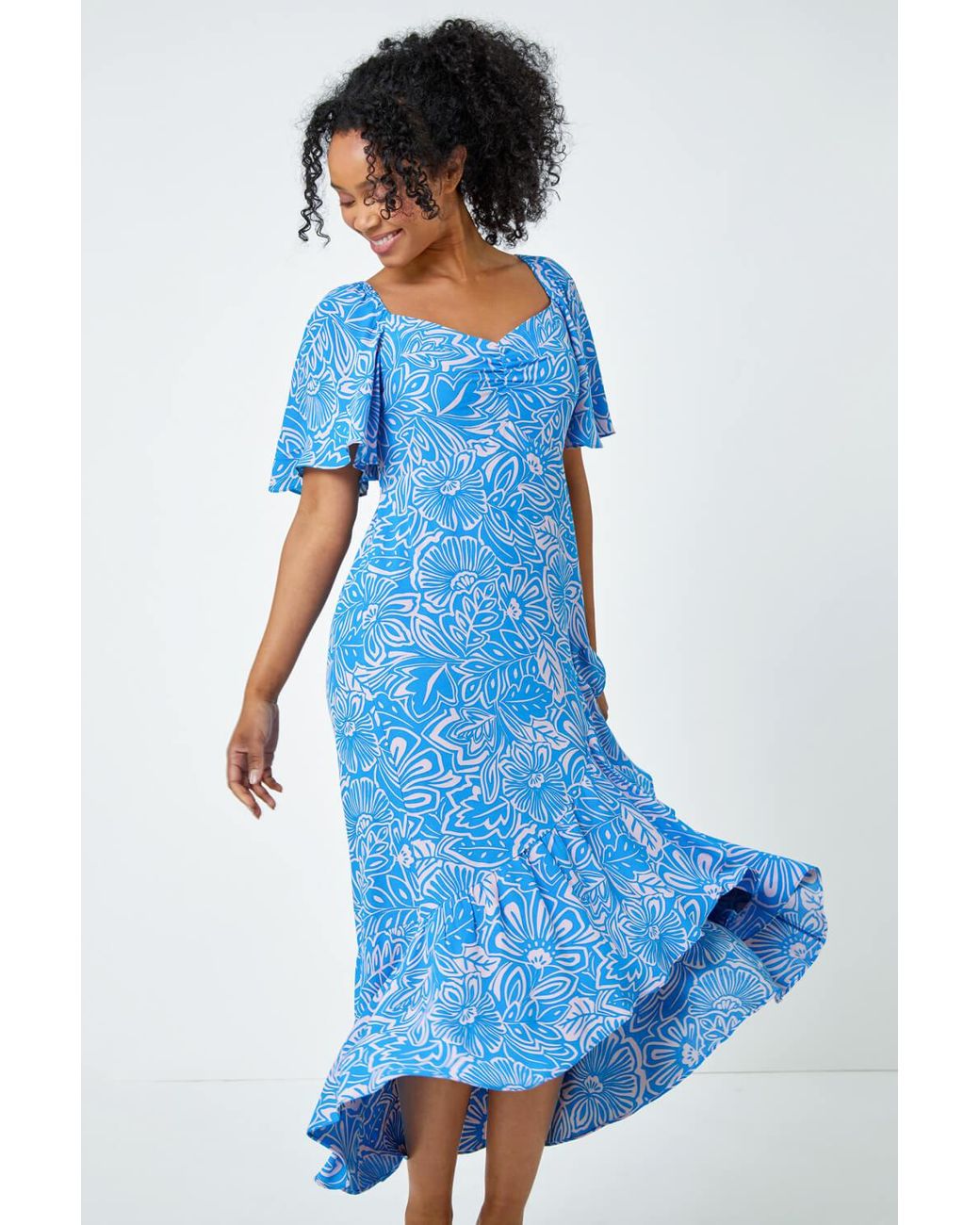 Roman Petite Blue Floral Print Ruched Midi Dress