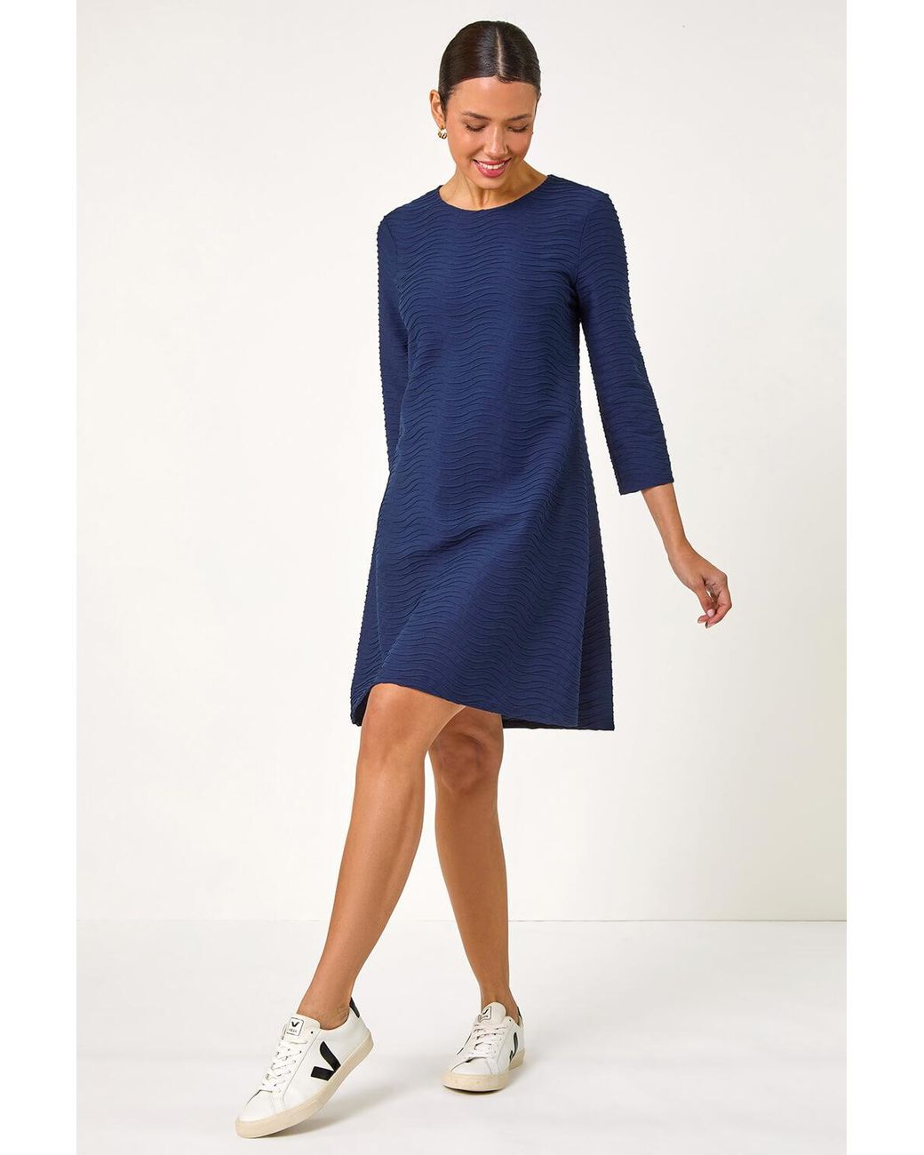 Roman Blue Textured A-Line Stretch Dress