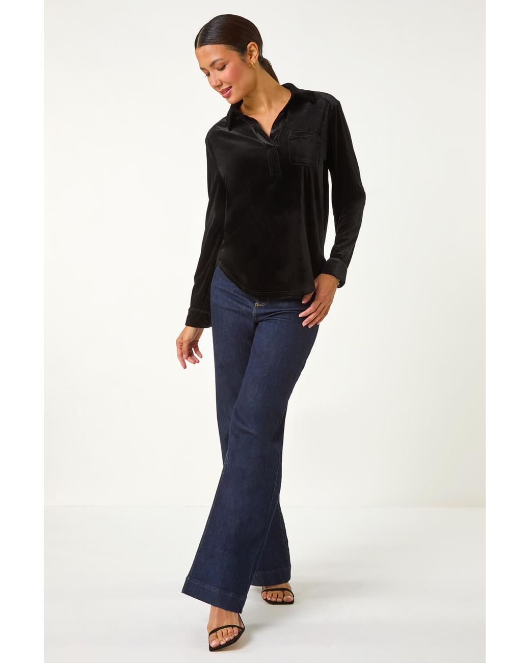 Roman Black Velvet V-Neck Collar Stretch Shirt