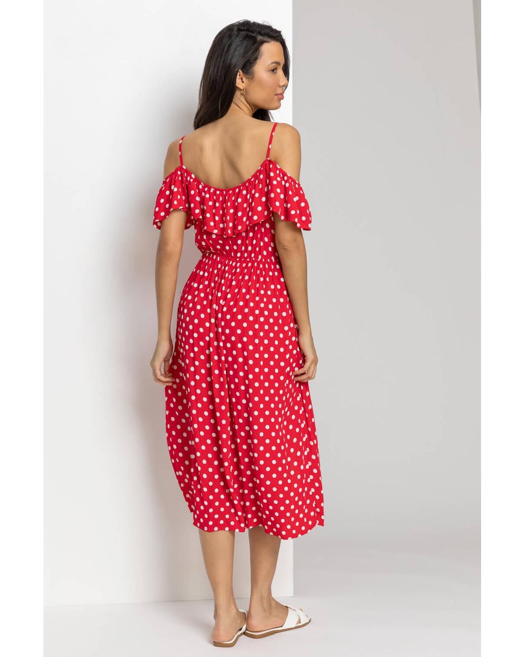 Roman Red Spot Print Cold Shoulder Midi Dress