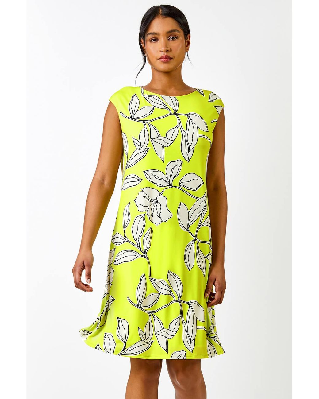Roman Yellow Linear Floral Print Swing Dress
