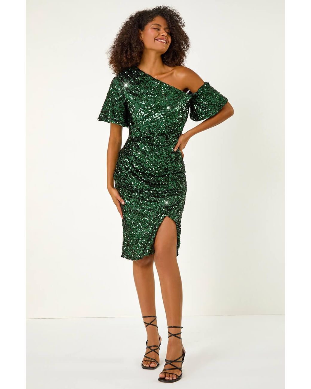 D.u.s.k Green Sequin One Shoulder Stretch Midi Dress