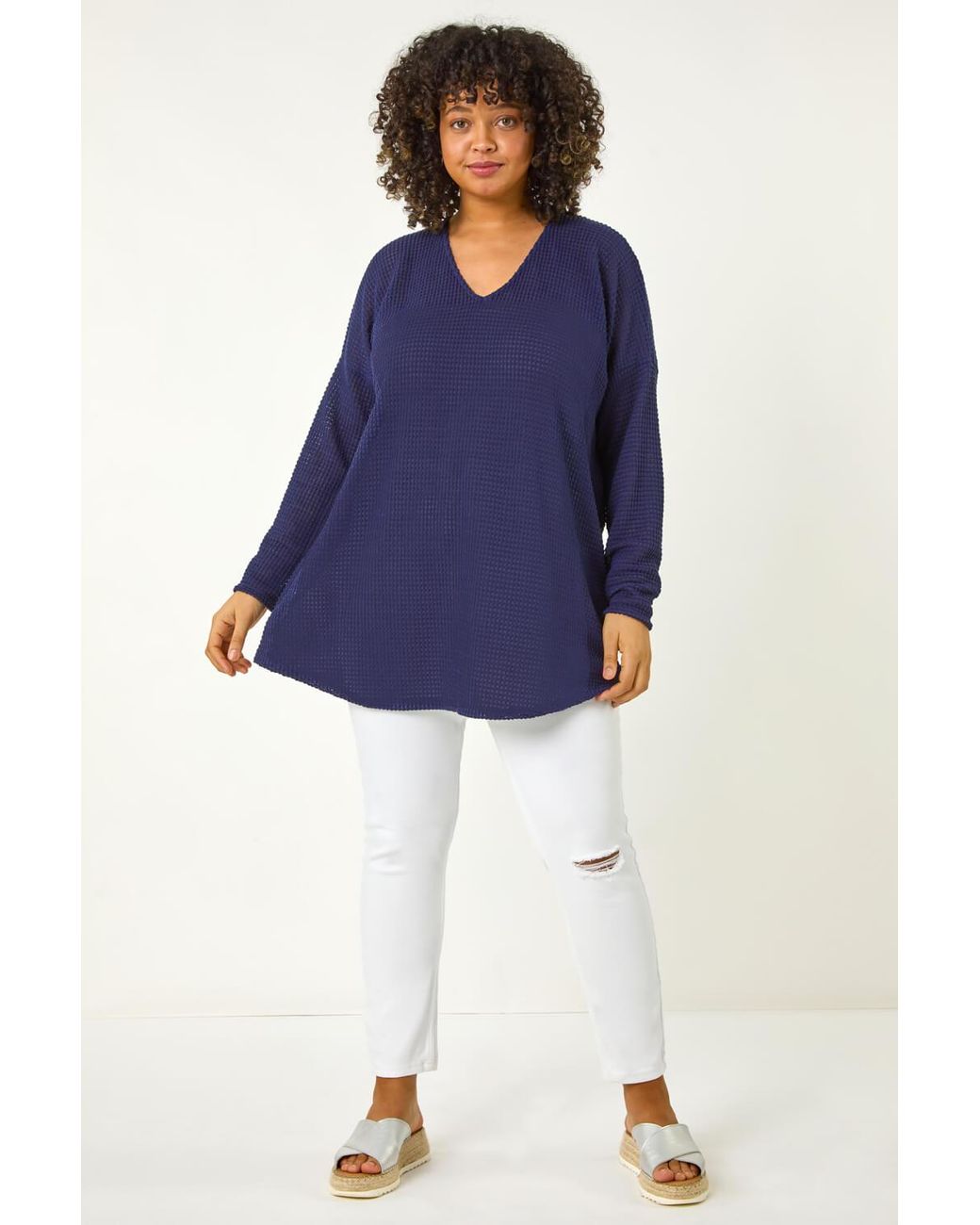 Roman Curve Blue Textured Knit V-Neck Tunic