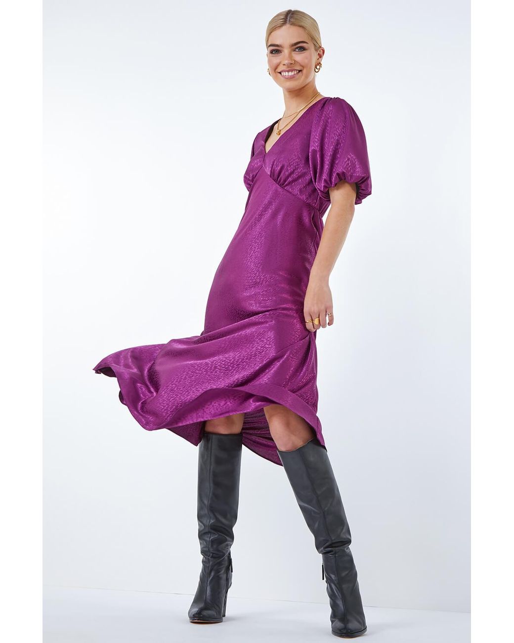 D.u.s.k Purple Puff Sleeve Satin Midi Dress